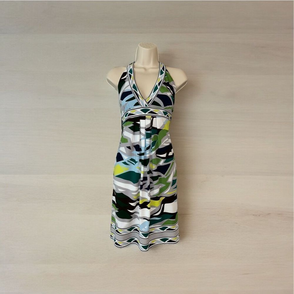 BCBGMaxAzria Multicolor Geometric Patterned Sleeveless Halter Dress, Size M (US)
